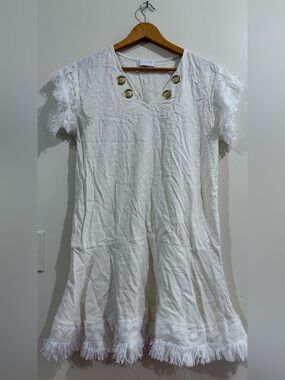 Steele White Fringe Trim V-Neck Dress